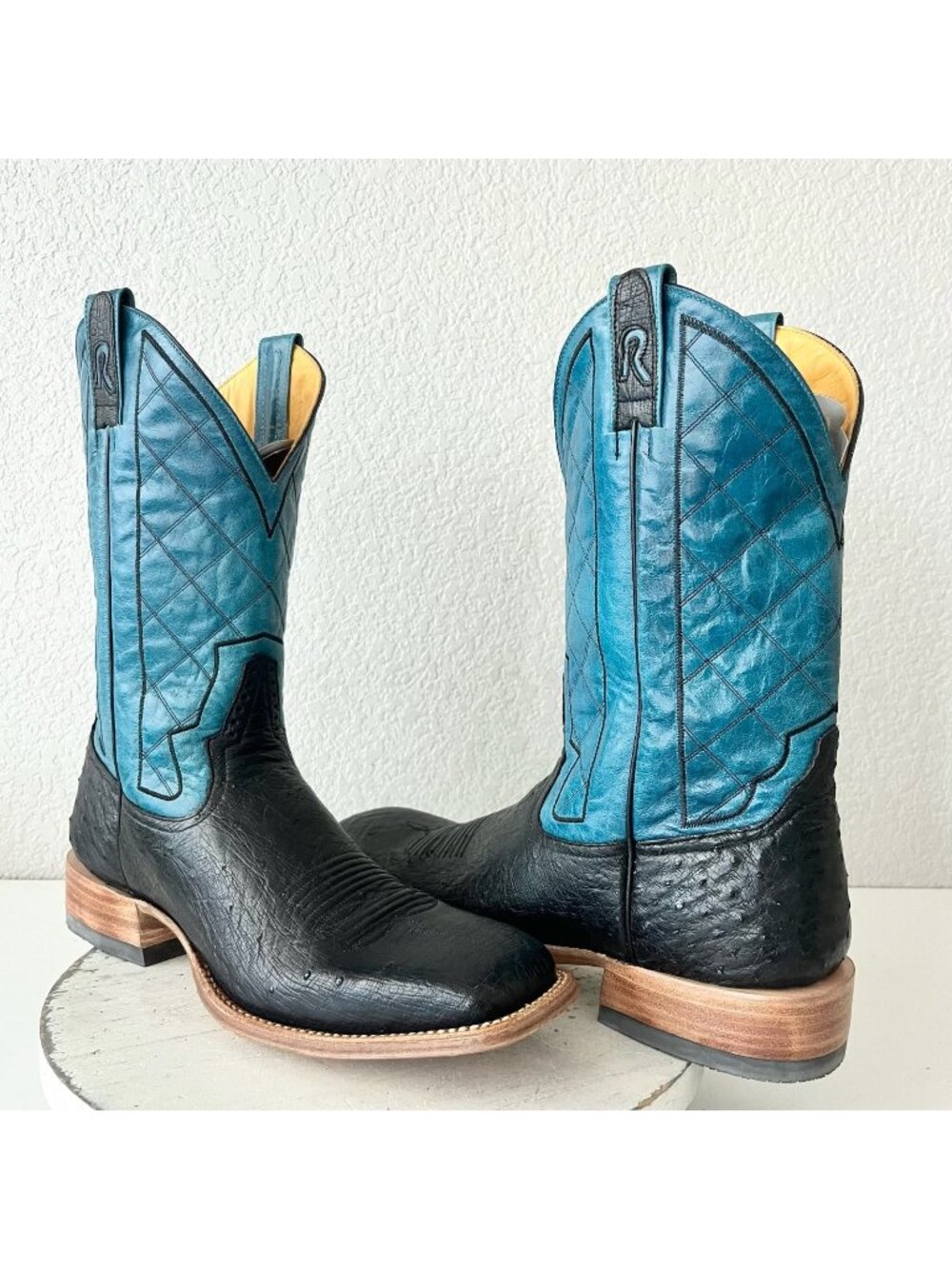 Rod Patrick Mens Black Ostrich Cowboy Boots Size 13 Blue Top Western Square Toe